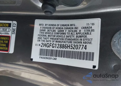 2006 Honda Civic Ex from USA, damaged, VIN 2HGFG12886H520774